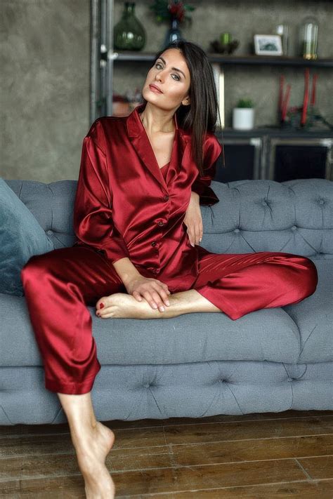 Picture Of Red Silk Pajamas With Long Sleeves And Pants Are Amazing