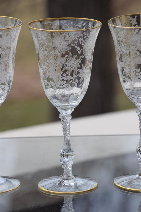 Vintage Etched Gold Rim Crystal Wine Glasses Water Goblets