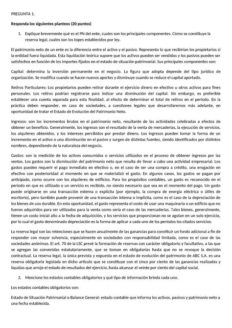 Parcial 2 PREGUNTA 1 Responda Los Siguientes Planteos 20 Puntos 1