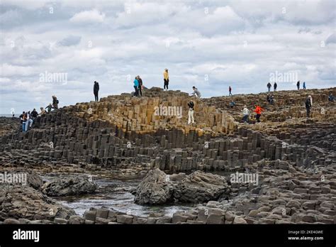 Tourists Climbing On The Ancient Basalt Colums Of The Giants Causeway