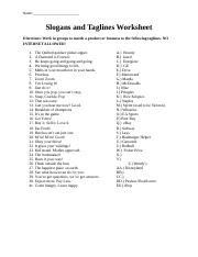 Slogans And Taglines Worksheet Name Slogans And Taglines