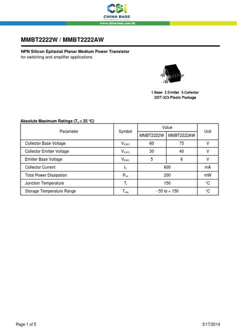 Mmbt2222w Datasheet Pdf Stock And Price China Base Transistor Distributor
