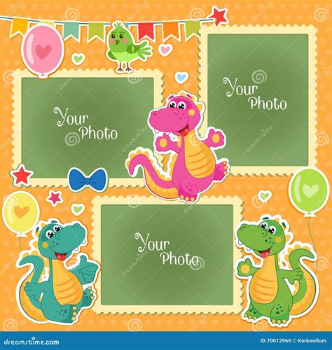 Photo Frames for Kids with Dinosaurs. Decorative Template for Baby, Family or Memories ...