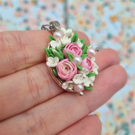 Statement 3d Polymer Pink Rose Necklace With Pearl Detailing Etsy