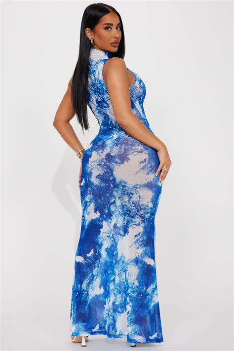 Chasing Waterfalls Mesh Maxi Dress Blue Combo Fashion Nova Dresses