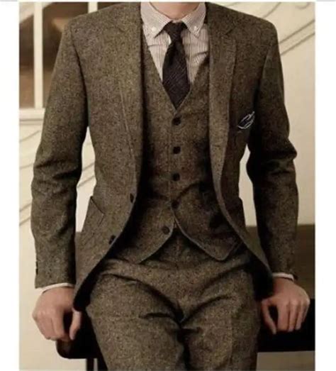 2018 Vintage Wool Tweed 3 Piece Brown Khaki Herringbone Suit Custom