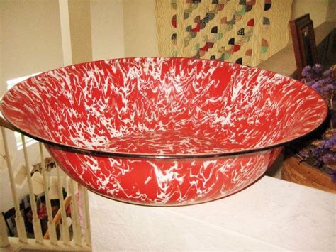 Rare Vtg Red White Huge Enamel Splatterware Graniteware Metal Swirl