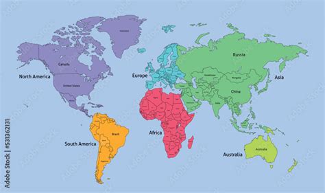 World Map Divided Into Six Continents With Country Names. Each ...