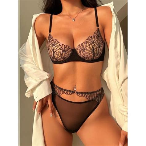 Ensemble Lingerie Femme Ultra Mince Sexy avec Anneau en Acier Dentelle à la Mode Noir CN