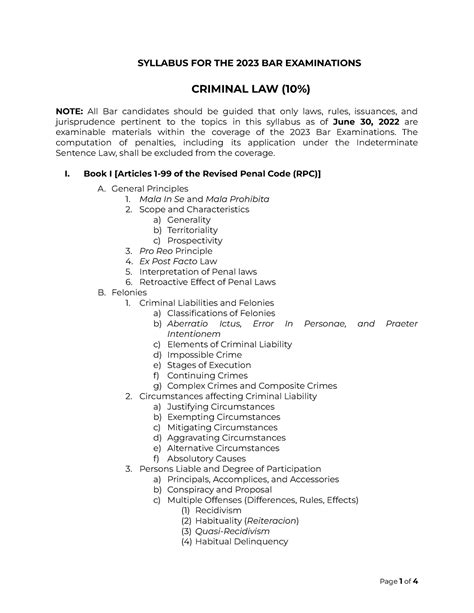 Bar2023 Syllabus 38 41 Bar Syllabus For The 2023 Bar Examinations Criminal Law 10 Note