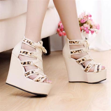 [gh10135]leopard Print Laced High Wedge Heel Platform Sandal On Luulla