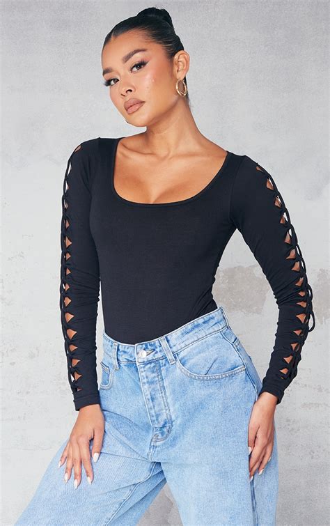 Black Jersey Knot Sleeve Bodysuit Tops Prettylittlething