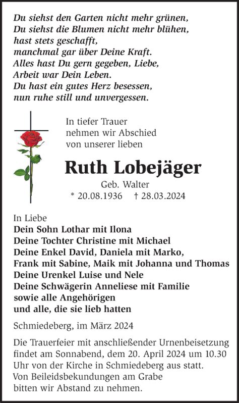 Traueranzeigen Von Ruth Lobej Ger M Rkische Onlinezeitung Trauerportal