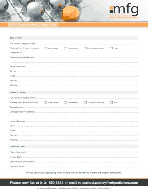 Fillable Online Debt Recovery Instruction Form Mfg Solicitors LLP Fax