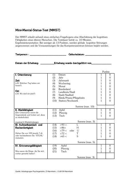 Mini Mental Status Test Kleeblatt Pflegeheime Ggmbh