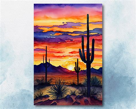 Desert Sunset Print Colorful Watercolor Wall Art Southwest Landscape ...