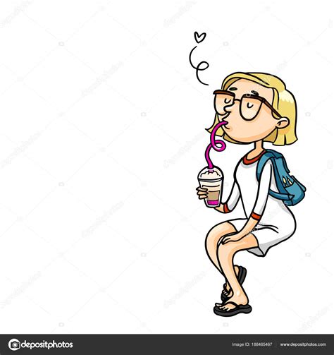 Cute cartoon girl drinking milkshake with straw. Vector isolated hand ...