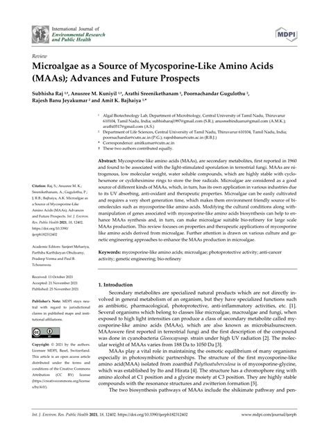 Pdf Microalgae As A Source Of Mycosporine Like Amino Acids Maas