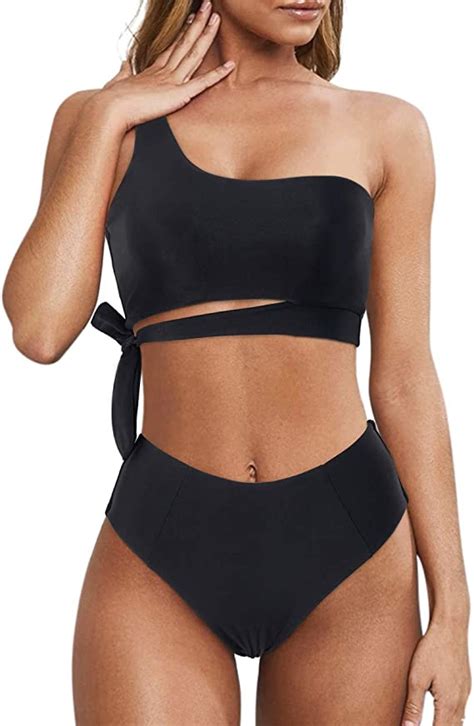 MOOSLOVER Women One Shoulder High Waisted Bikini Tie High Cut Two Piece