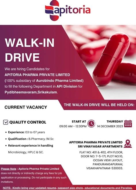 Apitoria Pharma Aurobindo Walk In Interviews For Quality Control On