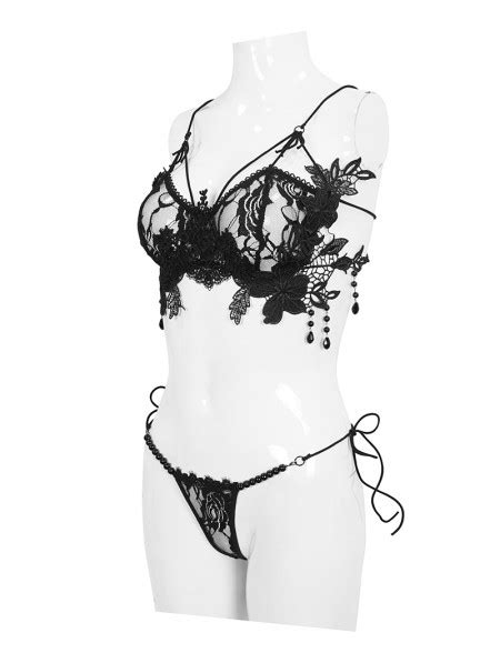 Eva Lady Black Gothic Floral Lace Beading Two Piece Sexy Lingerie Set Darkincloset
