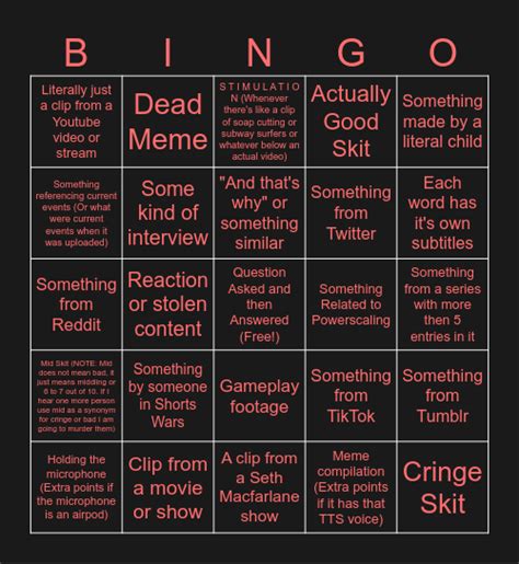 Youtube Shorts Bingo Card Bingo Card