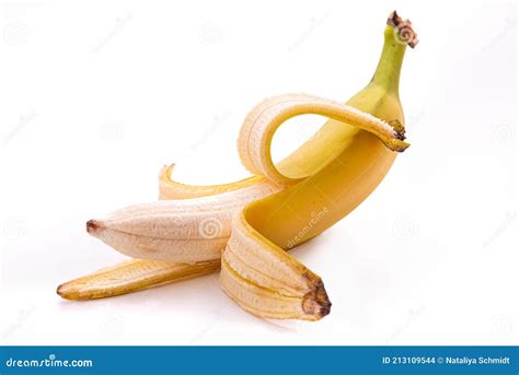 Yellow Banana Peeled Semi Peeled Isolate On White Background Stock