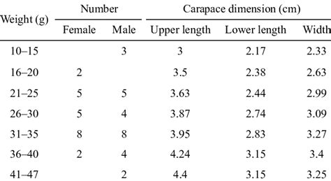 Weight Dimensions And Sex Distribution Of The Ob Served Mealy Crabs