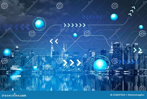 New York Cityscape And Metaverse With Connection Lines And Arrows Stock