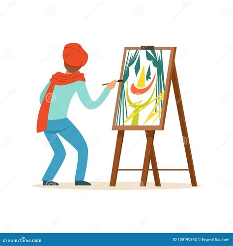 Male Painter Artist Character Wearing Red Beret Painting With Colorful