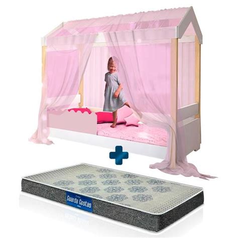 Cama Montessoriana Solteiro Rose Led E Voal Rosa Jhulia Divaloto