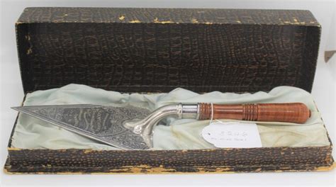 Ceremonial Object Trowel In Box Apex Wooden Handles Silver Trowel