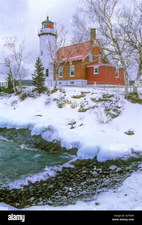 Eagle Harbor Lighthouse At Lake Michigan In Winter Usa Michigan