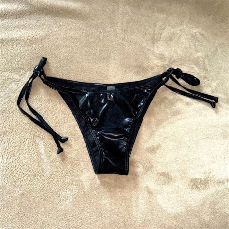 PINK Victoria S Secret Swim Very Sexy Black Side Tie Wet Look Bikini Bottom Size M Poshmark