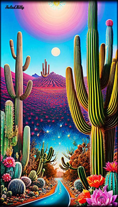 A Painting Of A Woman Sitting On A Motorcycle In Front Of Cactuses And