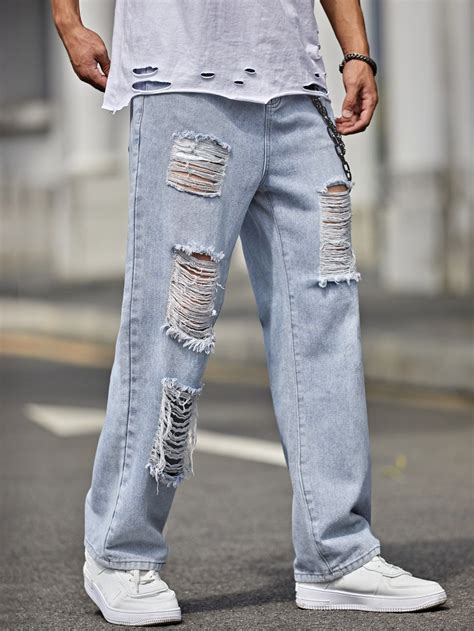 Light Wash Denim Plain Straight Leg Embellished Non Stretch Men Denim Tattered Jeans Outfit