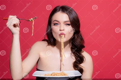 Woman Eat Tasty Pasta Food From Italia Carbonara Spaghetti Italian