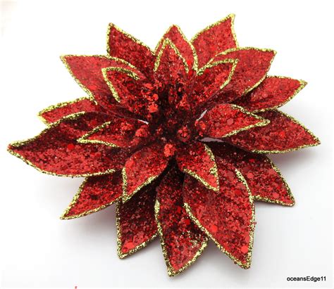 Large 6 Red Gold Full Glitter Poinsettia Flower Brooch Etsy