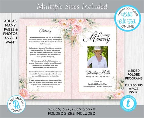 Blush Pink Roses Funeral Program Template Obituaryorder Of Etsy