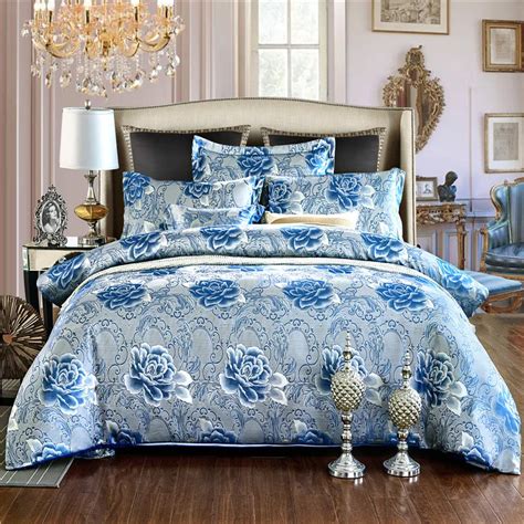 2018 Spring Jacquard Bedding Set Luxury Stain Bed Set Blue Flower Bed