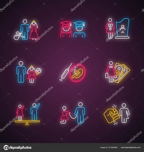 Gender Equality Neon Light Icons Set Forced Marriage Education Equality