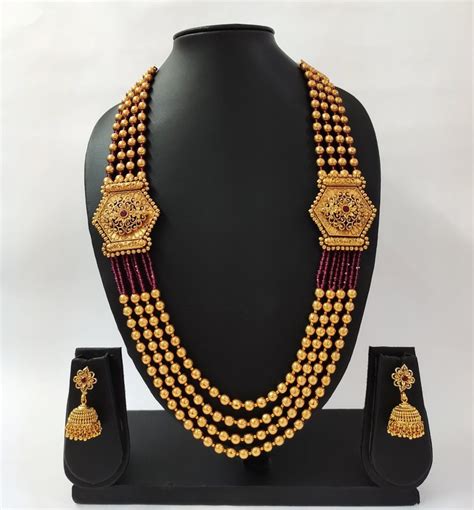 Wedding Wear Golden Gold Plated Matar Mala Necklace Set Own Packaging