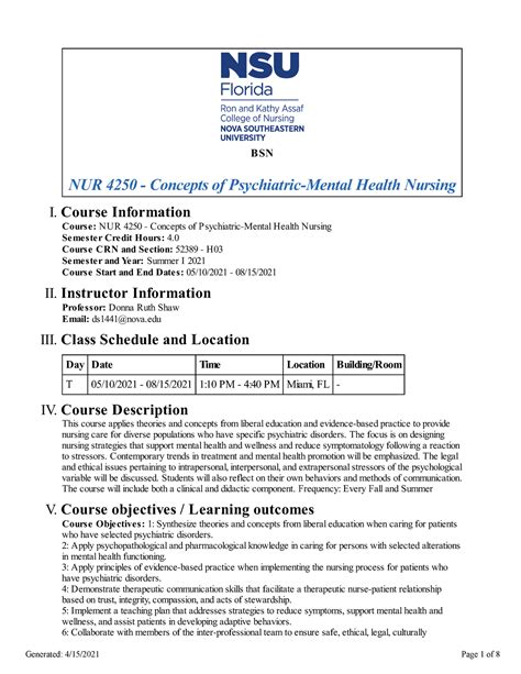 Psych Syllabus Bsn Nur Concepts Of Psychiatric Mental Health