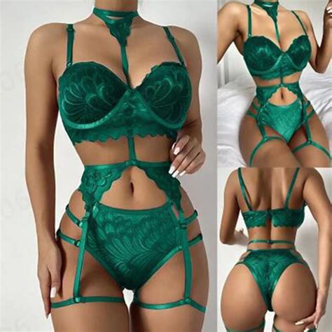 COORDONNES ENSEMBLE LINGERIE Dentelle Strappy Strappy String Jarretière Ensemble Femelle Green