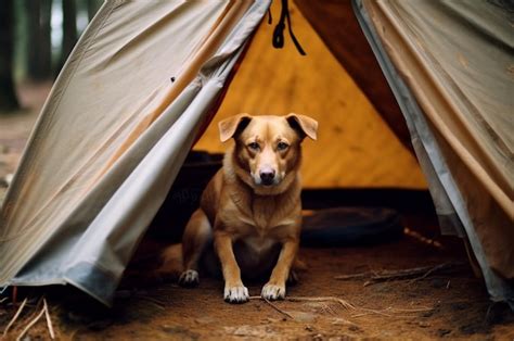 Premium Ai Image Dog In A Tent Traveling With Animals Generative Ai