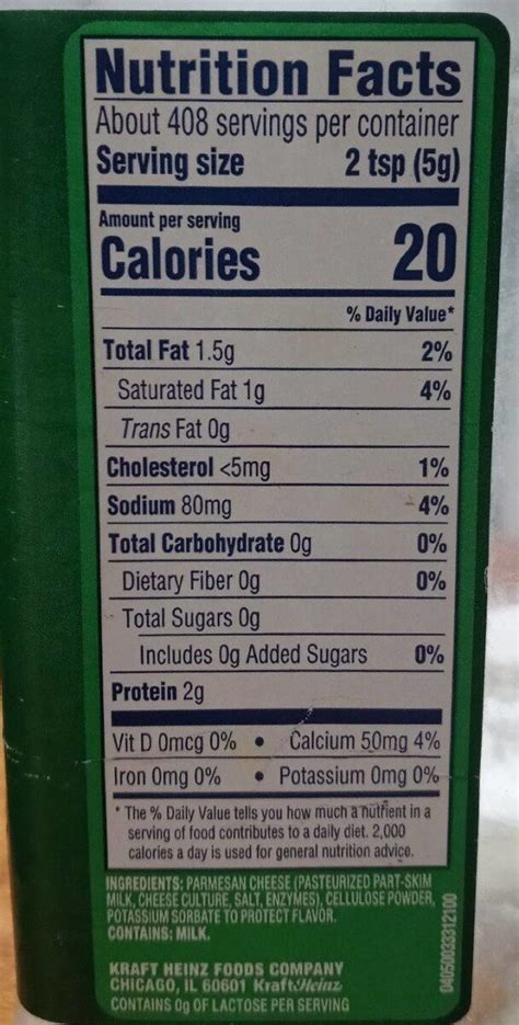 Kraft Parmesan Cheese Nutrition Label