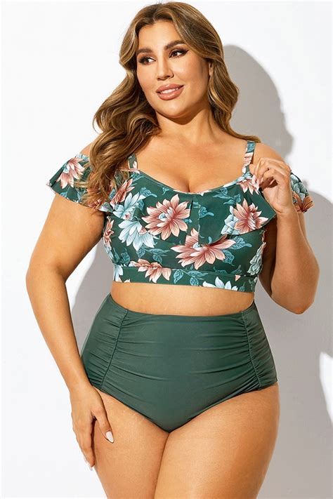 Green Floral Ruffled Women Bikini Top Meet Curve Meet Curve