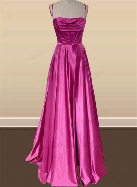 2024 A Line Fuchsia Silk Like Satin Halter Long Pleated Prom Dresses