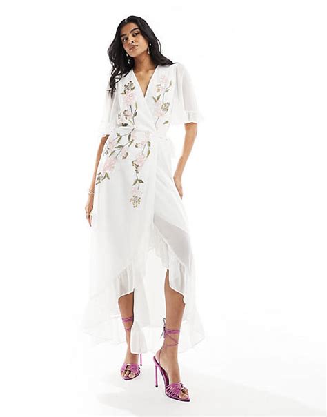 Hope And Ivy Ruffle Hem Embroidered Wrap Maxi Dress In White Asos