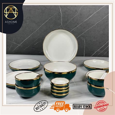 Jual Ashome Piring Set Orang Piring Makan Set Keramik Green White Isi